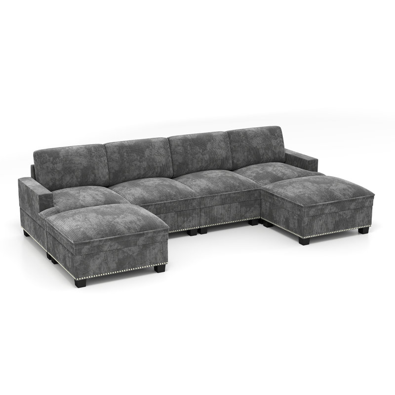 6-Piece Modern Spacious U-Shaped Corduroy Chaise Sectional Sofa, Cloud Couch With Ottomans, Gray Corduroy