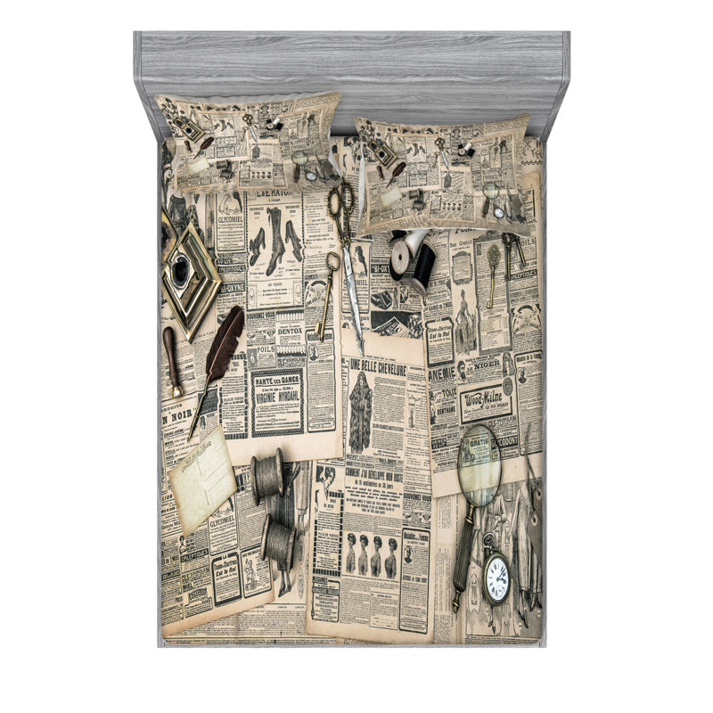 Ensemble de literie outils de couture et d’écriture old mode, Ensemble de draps pour grand lit avec 2 taies d'or