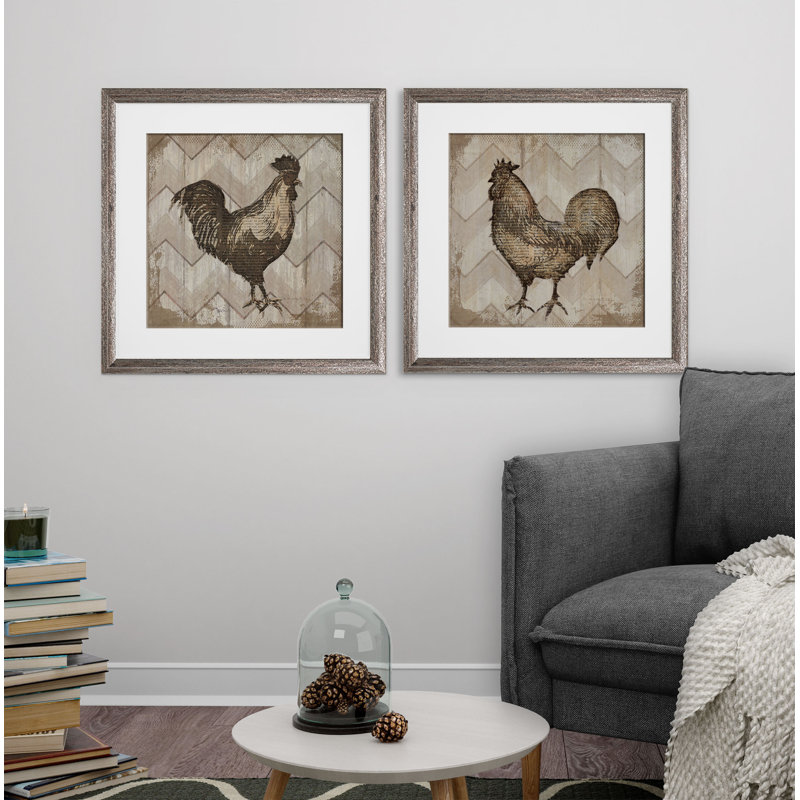 «Well Read Rooster», ensemble de 2 reproductions d'impressions encadrées, Cadre brun