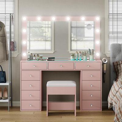 Meuble-lavabo de maquillage avec lumières RVB et grand miroir de 47,2 po, coiffeuse de maquillage à 11 tiroirs avec miroir éclairé, option de 3 couleurs, luminosité réglable, meuble-lavabo avec station de charge, rose