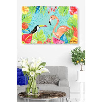 Toucan et pélican, coloré, tropical, fleurs, melon d'eau, feuilles, fougère, palmier, crevette, bleu, bleu sarcelle, cyan, rouge, jaune, noir, rose, bord de mer, plage, hybiscus