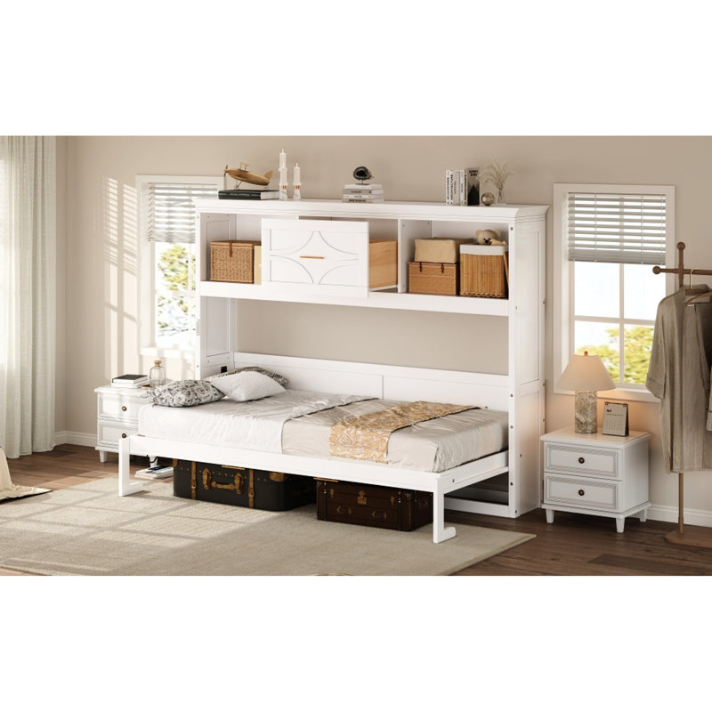 Lit simple blanc avec matelas de charge, tiroir et rangement - Station de teinte en bois de pin, sensation rustique, Blanc