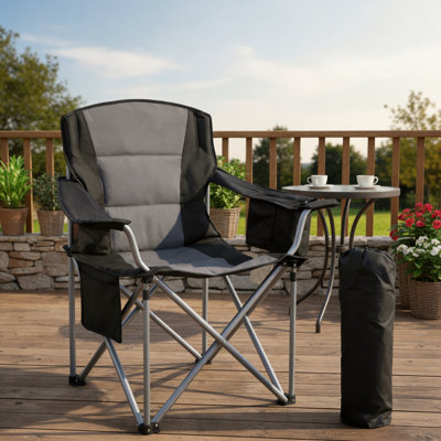 Black Extra-Large Folding Camping Chair, Four-Point Support, Lumbar Support, Portable And Heavy-Duty, With Side Pockets, Cup Holders, And Insulated Bag. Suitable For Beach, Lawn, Picnic, Fishing, And Backpack Use.