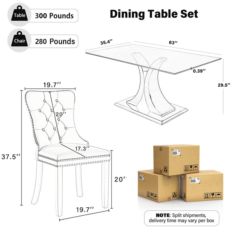 Ensemble de table de salle à manger rectangulaire en verre trempé, table de salle à manger de luxe avec chaise capitonnée pour salle à manger