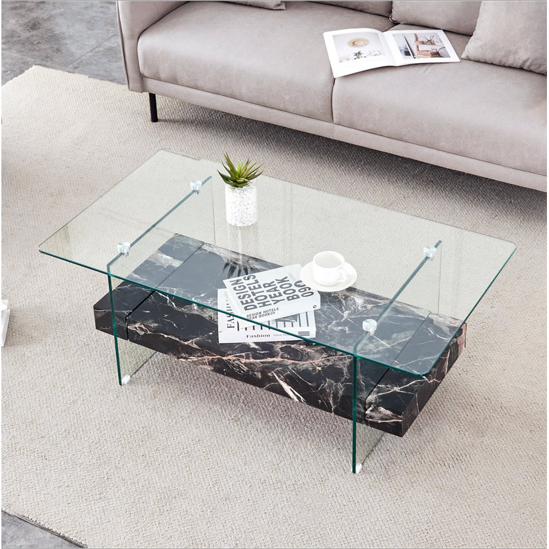 Rectangular Floating Double-Layer Coffee Table, Black Glass Legs, Black