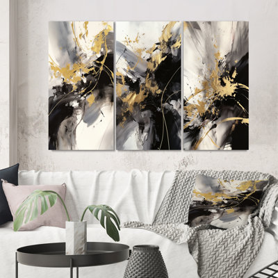 Or et gris fluides fusion III - ensemble d'art abstrait mural de 3
