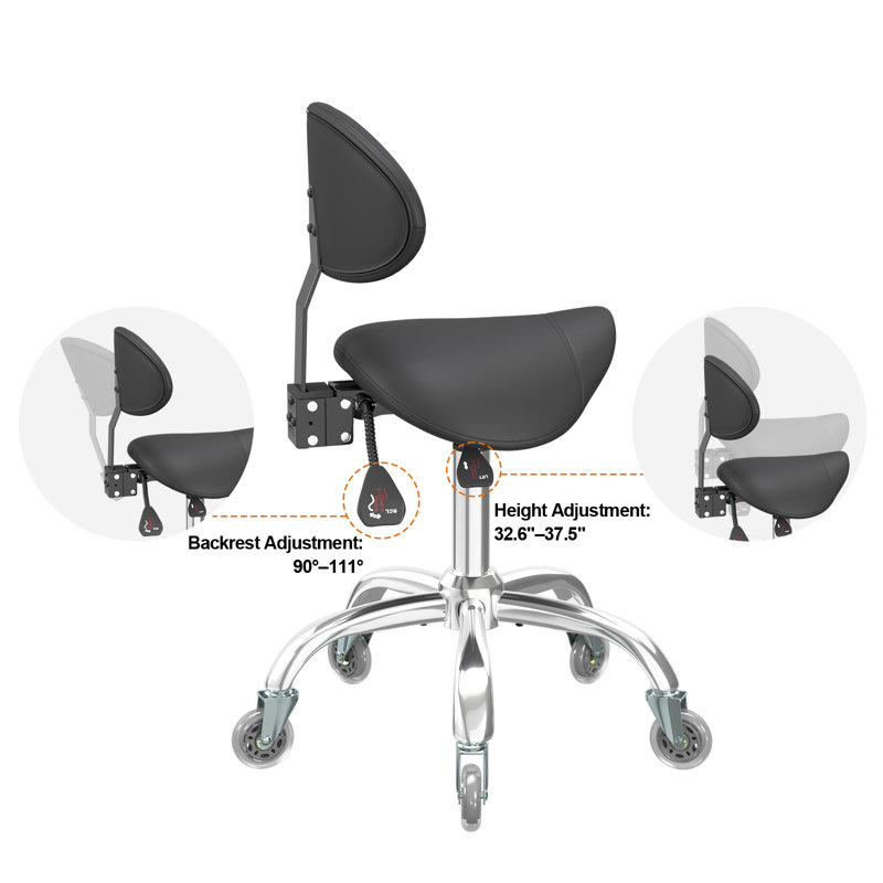 Ergonomic Saddle Stool with Premium Leather, Backrest Support, Rolling Casters, Easy to Assembly, Black, Black