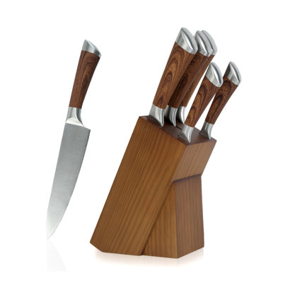 Royalford 5 Piece Kitchen Knife Wood Coating Handle with Wooden Knife Holder