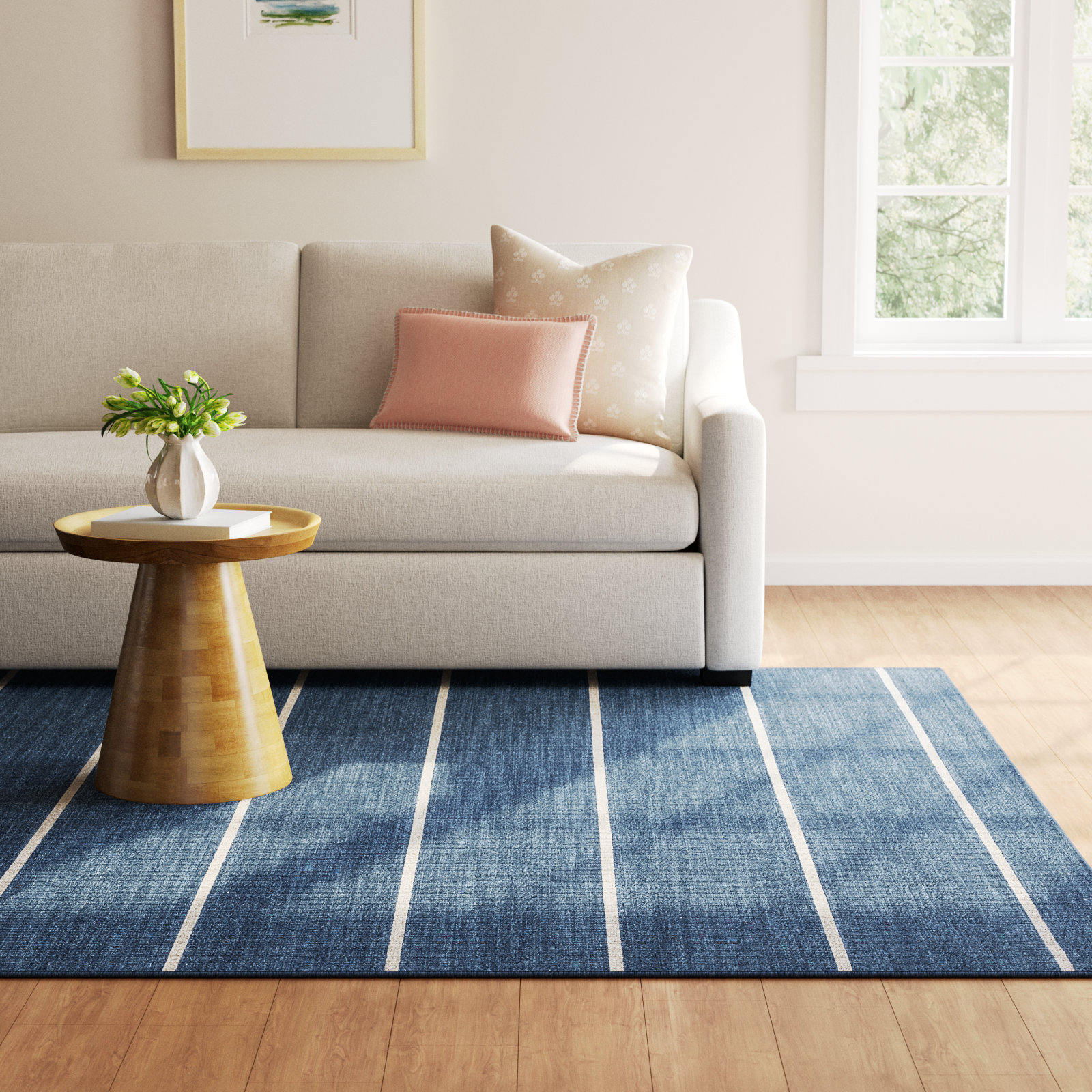 Creekmont Blue Cream Hand-Woven Striped Wool Rug, Rectangle 5' x 8'