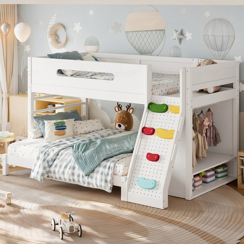 Lit superposé simple au dessus d'un lit simple avec garde-robe et espaces de rangement intégrés, lit superposé en bois massif avec garde-corps, escalade enfantine et lattes améliorées