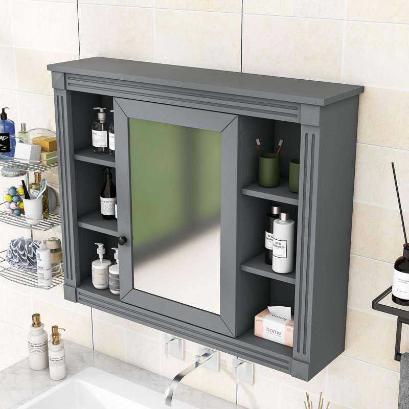 Armoire de rangement murale avec miroir et 6 tablettes ouvertes Yavonda, Gris