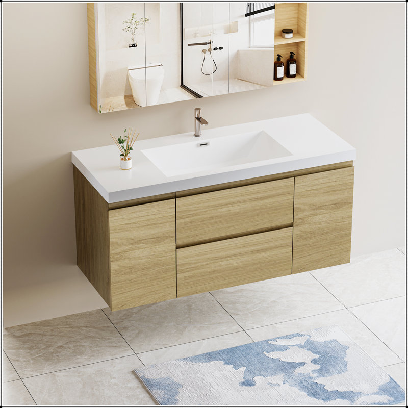 Meuble-lavabo flottant avec lavabo, meuble-lavabo mural moderne avec lavabo en résine et tiroirs à fermeture en douceur