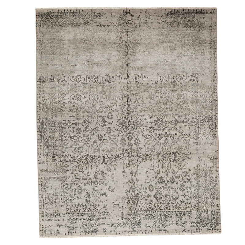 Tapis gris / noir en laine / viscose noué à la main 7 pi 11 po x 9 pi 11 po