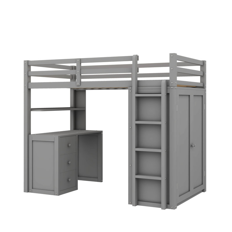 Lit mezzanine avec bureau à tiroirs et garde-robe intégrés, Simple, gris