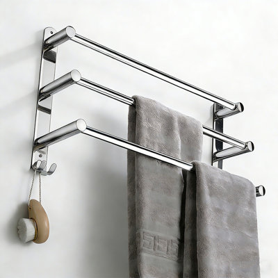 Retractable 3-Bar Towel Rack - 20 to 30 Inch Adjustable Stainless Steel Towel Holder, No-Drill 3M Adhesive Wall Mount, Rustproof SUS304 Space-Saving Hanger for Bathroom & Kitchen (Brushed Finished)
