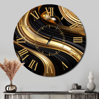 Horloge murale abstraite liquide or et noir I - spirales abstraites à visage doré