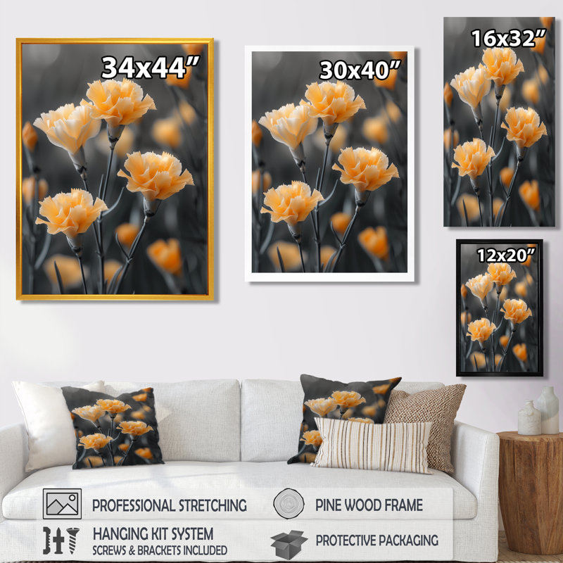 Jaune, jaune, œillets, matin, fleur, photo, œillets, impression d'art mural, Toile avec cadre flottant or