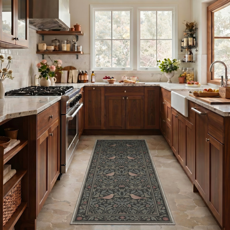 Allendale Auraflora Floral Machine Washable Green / Black Indoor Area Rug with Non-Slip Backing, Runner 2'3" x 6'