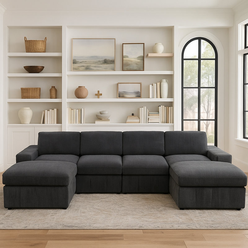 Ensemble de canapé modulaire 130 po en velours côtelé gris foncé 130 po, mousse à haute densité, structure à double ressort, structure en bois massif, combinaison libre flexible
