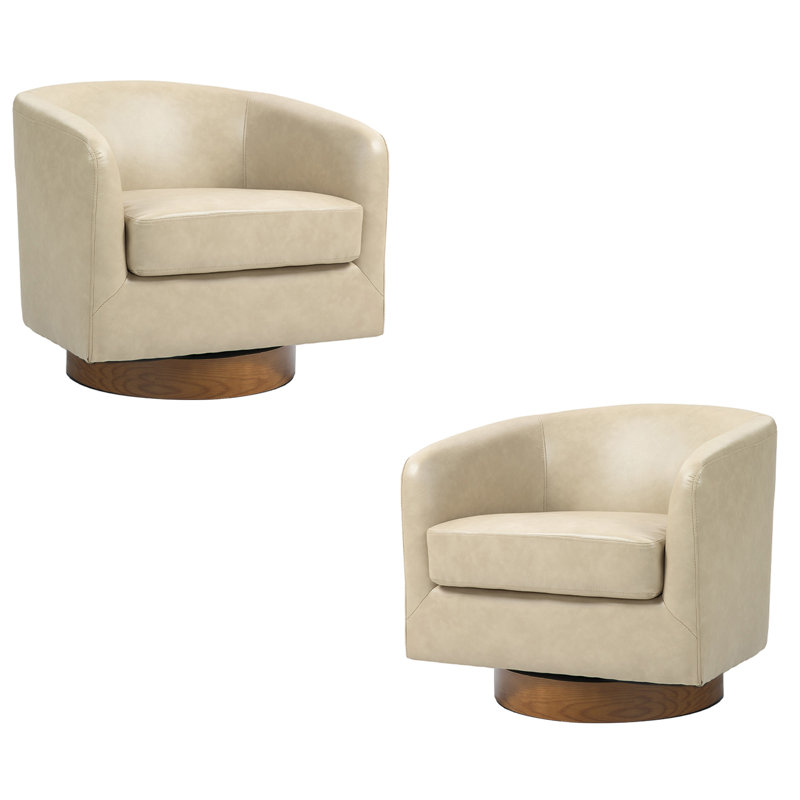 72Cm Wide Swivel Barrel Chair, Cream Faux Leather/Dark Brown Wood