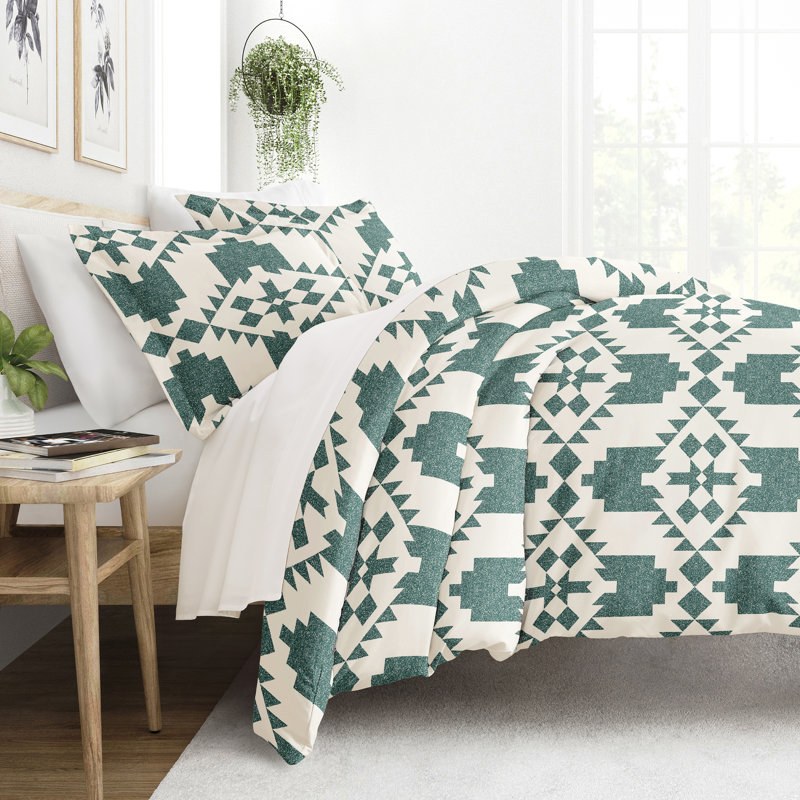 Teal and White Geometric Microfiber Twin Duvet Cover Set