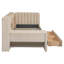 Lit de jour simple tapissier avec tiroirs, tablettes, armoires rabattables et table d'appoint