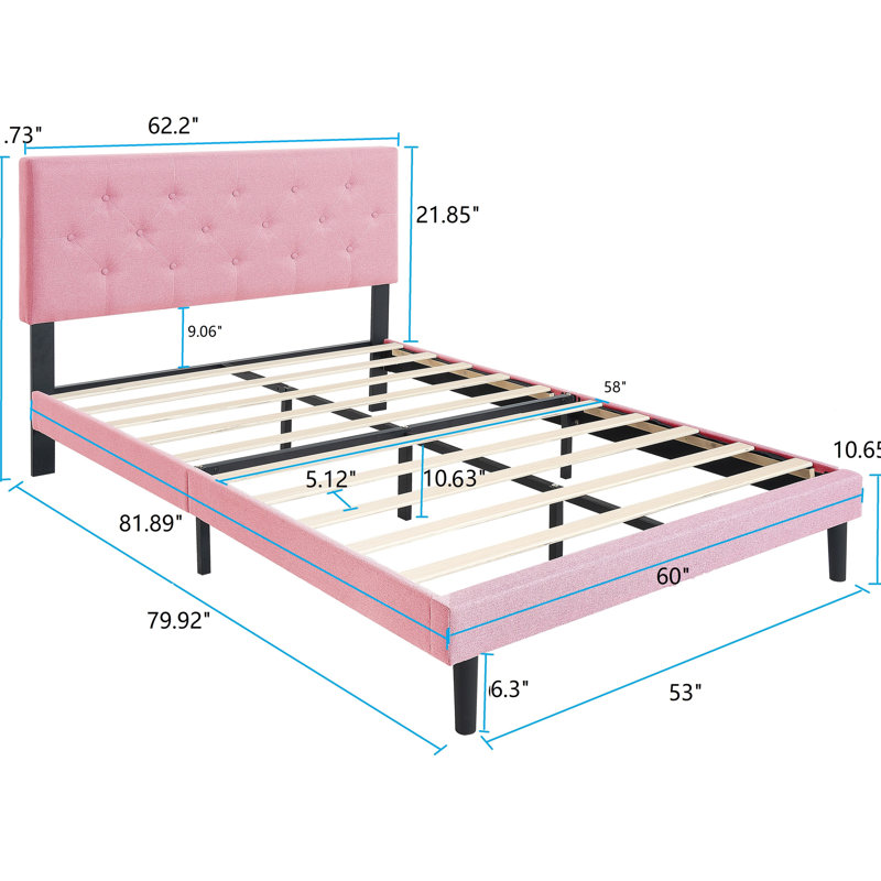 Structure de lit grand tapissier rose - sans sommier, facile à assembler, 41,16 po Haut, base à lattes de bois, taille en tissu de lin avec ressort de tête de lit nécessaire, installation, hauteur, 65,23 lb