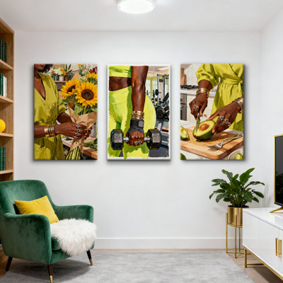 Art mural afro-américain, impressions sur toile femme verte, tournesol et décoration de cuisine de remise en forme