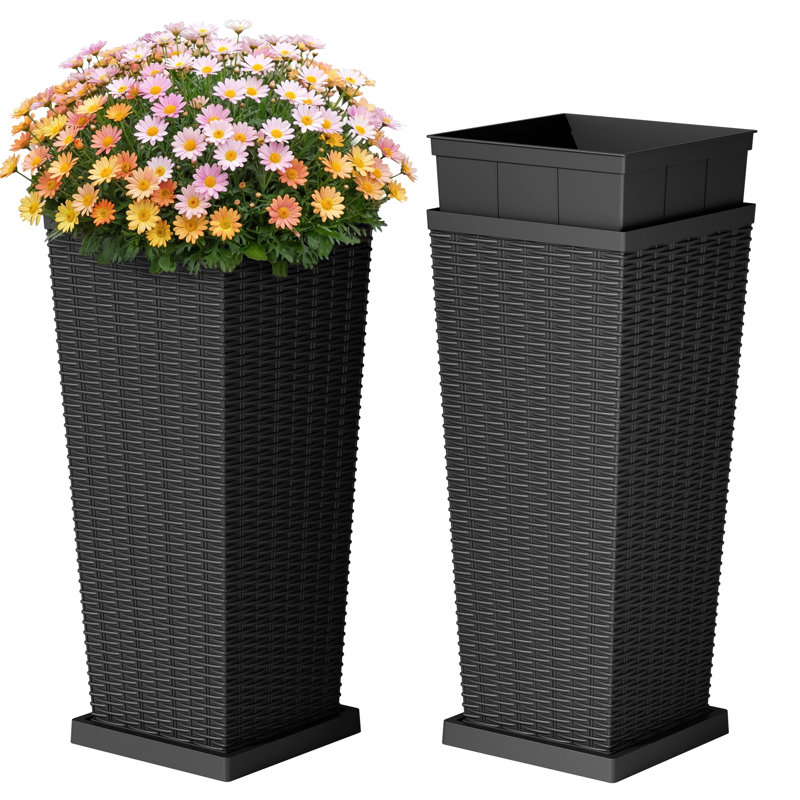 25/31 in. Imitation-Wicker Plastic Tall Planter Pot with Drainage Hole & Tray, Black, 31"H