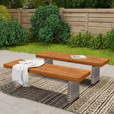 Henry Outdoor Acacia Wood Dining Bench With PE Wicker Legs