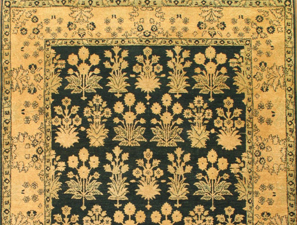 Tapis vert / doré en laine noué à la main de conception unique Agra