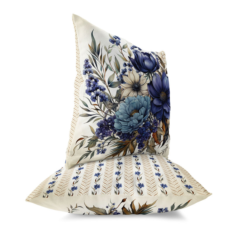 Coussin décoratif intérieur / extérieur Aster Amore, H 16 po x l 16 po, Bleu / Beige