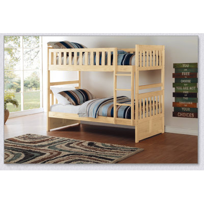 Bunk Bed Twin Over Twin Natural Pine Finish Sturdy Ladder Wooden Transitional Bedroom Furniture 1Pc Children Bed