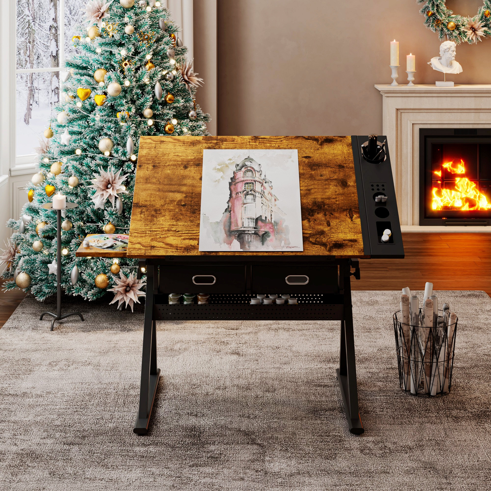 George Oliver Adjustable Drawing Drafting Desk With Stool And 2 Drawers ...