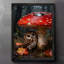 Art encadré noir Un hibou mignon se cachant sous la pluie sous des champignons rouges, impressions sur toile de style rétro-188338994