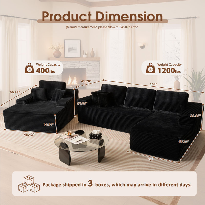 3-piece No-assembly Living Room Set, Plush Modern Sectional Sofa With Loveseat And Chaise Lounge, Black, Right Hand Facing