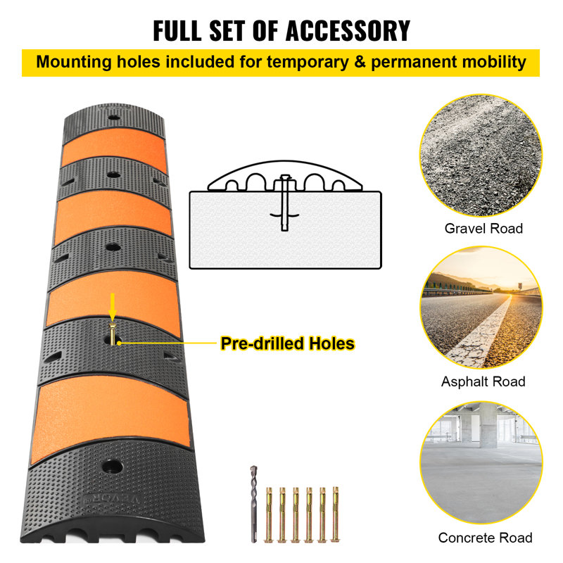 VEVOR Rubber Speed Bump, 1 Pack 2 Channel Speed Bump Hump, 72.8" Long Modular Speed Bump, Rated 22000 LBS Load Capacity