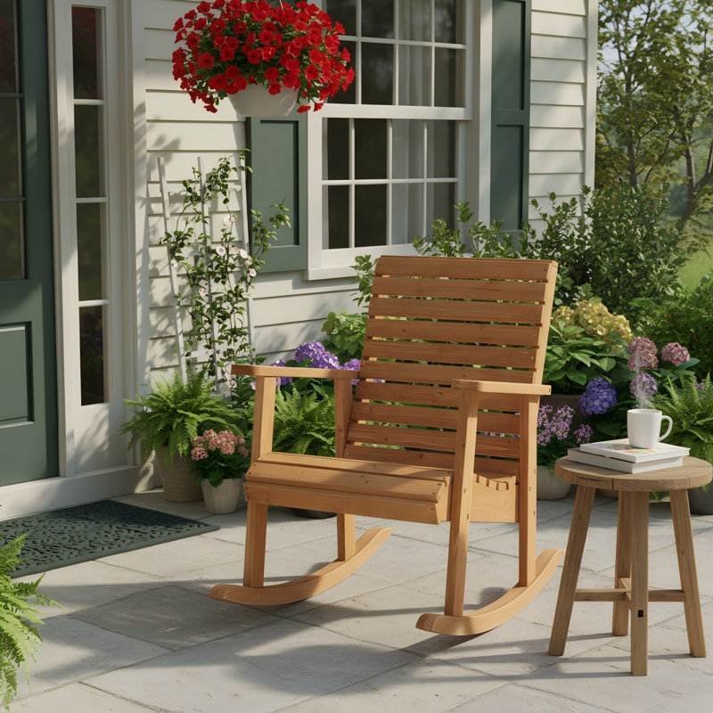 Natural Fir Wood Porch Rocker, Outdoor Rocking Chair with Smooth Armrests, High Comfortable Backrest