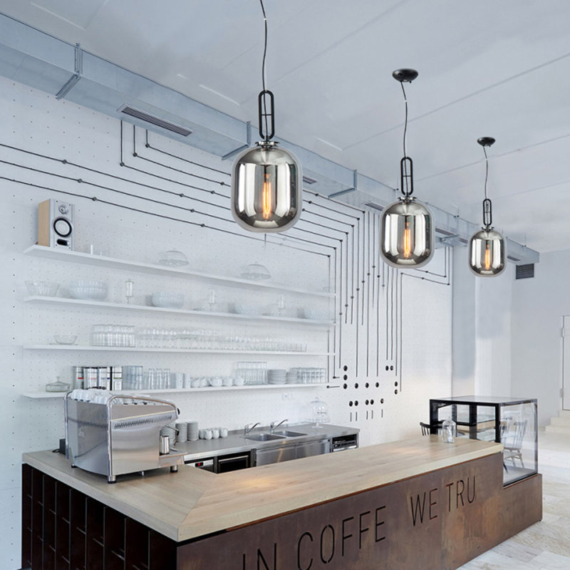 Luminaire suspendu en métal noir 1 lumière avec abat-jour en verre fumé, Fumée