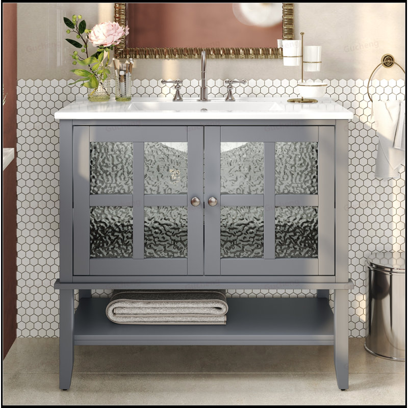 Meuble-lavabo 36 po avec lavabo en céramique et tablette réglable, Gris