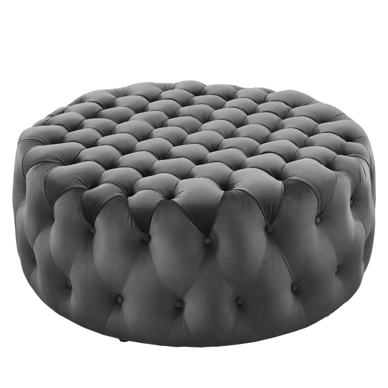 Amour Large Round Gray Velvet Tufted Ottoman