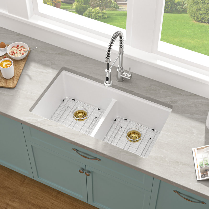 Quartz 33" L x 19" W 50/50 Double Bowl Grantie Composite Undermount Kitchen Sink Workstation Sink with Accessories, White