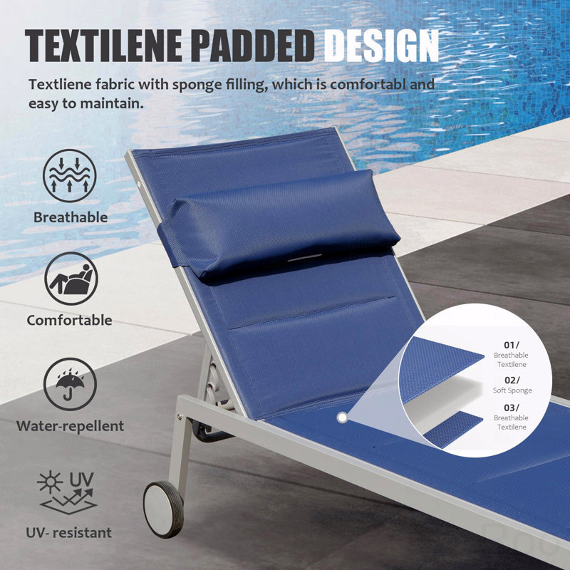 Ensemble de 3 chaises longues d'extérieur pour l'extérieur, chaises longues de piscine en aluminium avec table d'appoint et roulettes, fauteuil inclinable ajustable PVC-coated polyester