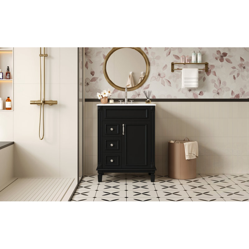 Meuble-lavabo avec lavabo, 2 tiroirs, poignées en métal et tablette réglable, Noir