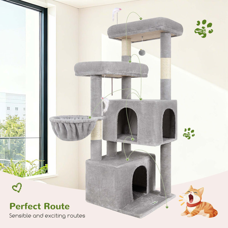 55-inch cat climbing frame, suitable for multi-layer cat tree for more than 4 cats, with 2 condos, sisal scratching posts and hammock, stable structure and space-saving indoor cat climbing frame.