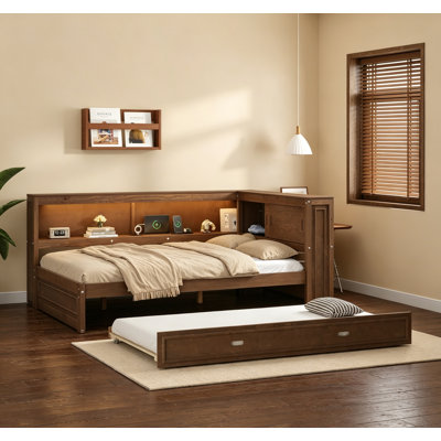 Lit de jour en bois pleine grandeur avec tablettes de rangement, USB, DEL et lit gigogne, couleur bois antique