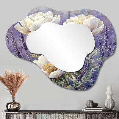 Pe pivoines dans le champ de lavande I - miroir mural asymétrique pivoines, miroir de coiffeuse traditionnel, imprimé sur métal