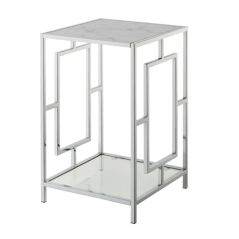 Sapienza Metal Frames End Table with Shelves, White Faux Marble/Chrome