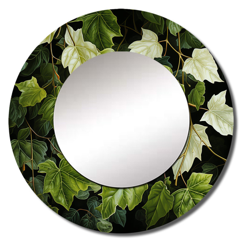 Ivoire ivoire vert feuilles Canopée I - miroir décoratif feuilles, grand miroir mural rond traditionnel, 29 po x 29 po