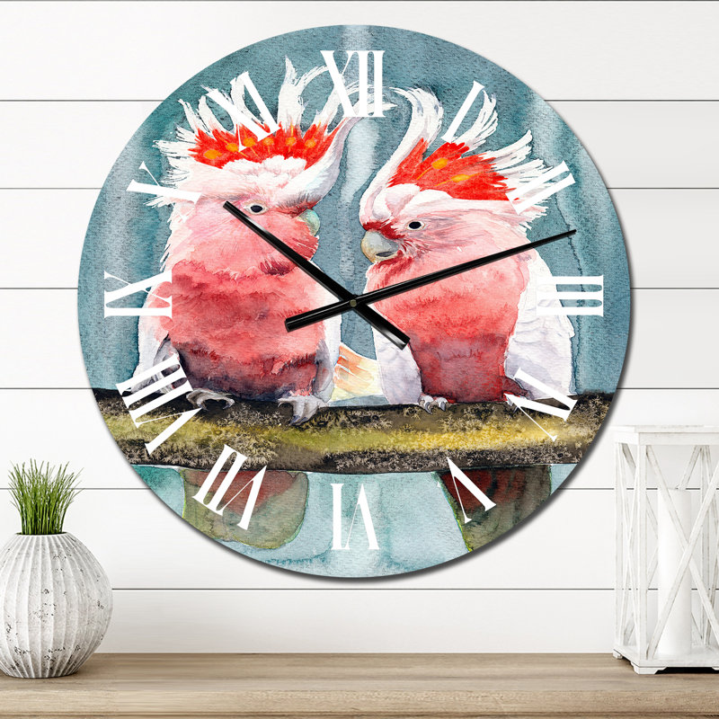 Deux cacatoès roses avec touffes - horloge murale traditionnelle, Surdimensionné